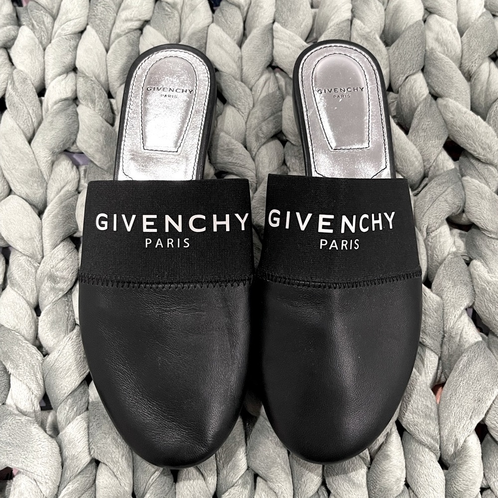 Givenchy Black Leather Elastic Logo Flat Mule